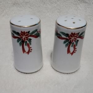 Vintage Poinsettia and Ribbons Fine China Salt & Pepper Set